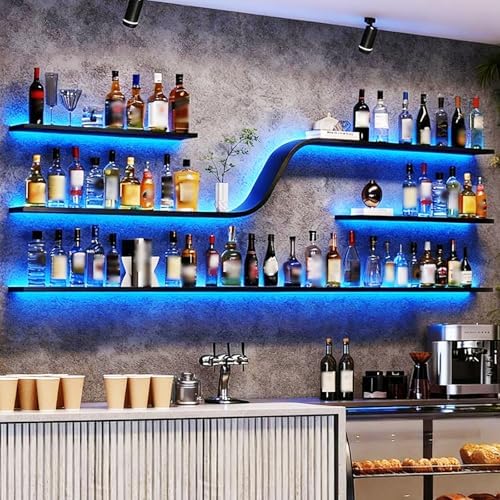 Wall Mounted Wine Rack with LED Lights, Modern Curved Design Floa...