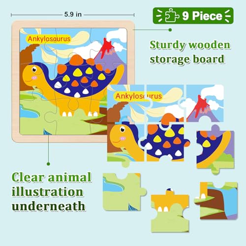 Wooden Puzzles for Toddlers 3+, 9 Pieces Dinosaur Jigsaw Puzzles for Kids Ages 3-5, Preschool Learning Activities, Learning & Educational Toys, Gifts for Boys, Girls by OSBOO - Image 5