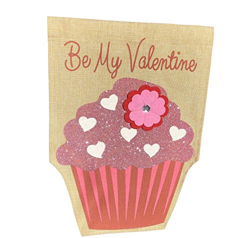Happy Valentine's Day Garden Flag - Be My Valentine Burlap Flag – One Sided Yard Décor Decoration - Glitter Cupcake & Flower Applique Design - 12" X 17" Size - By Jolly Jon #TOP18