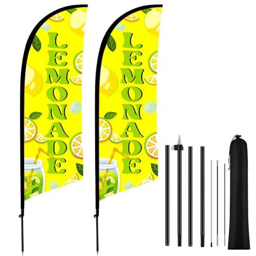 HunnmingRe 2 Set Lemonade Feather Flag Kit 8ft Advertising Swooper Flag Banner with Pole and Ground Stake for Business Restaurant Advertising Banner for Outside Ground