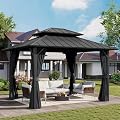 HAPPATIO 10'x12' Outdoor Gazebo with Hardtop Roof, Double Galvanized Steel Roof Canopy with Aluminum Frame, Curtains and Netting for Patio, Backyard, Deck, Lawn, Grey, Easy Assembly (Grey)