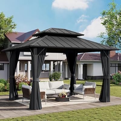 HAPPATIO 10'x12' Outdoor Gazebo with Hardtop Roof, Double Galvanized Steel Roof Canopy with Aluminum Frame, Curtains and Netting for Patio, Backyard, Deck, Lawn, Grey, Easy Assembly (Grey)
