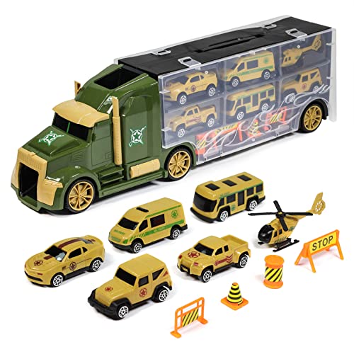 Kidplokio Army Men Diecast Car Carrier Transporter Truck with 6 Die Cast Toy Cars Vehicle Playset, Boys, Ages 3+