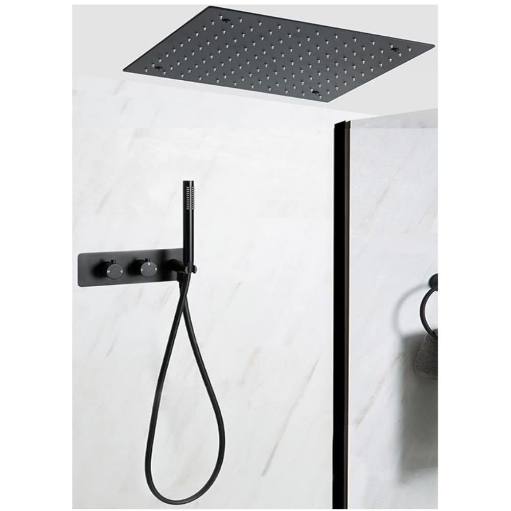 Milano Black Nero Thermostatic Mixer Valve 400Mm Square Recessed Shower Head Handset