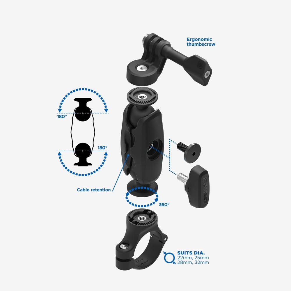 Quad Lock 360 Kit de cámara de acción con abrazadera de manillar (medio) y brazo doble pivote (pequeño) compatible con GoPro, cámaras de acción e iluminación compatibles