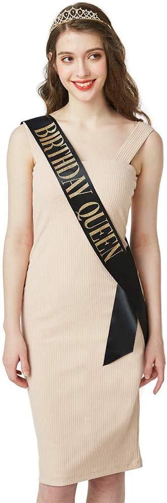 "Birthday Queen" Sash & Rhinestone Tiara Set - Birthday Sash Birthday Gifts Birthday Party Favors (Black/Gold)