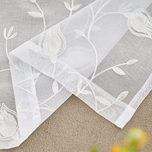 Sheer Curtains White 95 Inches Embroidered Floral, Window Treatments Rod Pocket Drapes for Living room, Bedroom, Semi Crinkle Voile Curtain Panels for Yard, Patio, Villa, Parlor, Set of 2, 52"x 95".