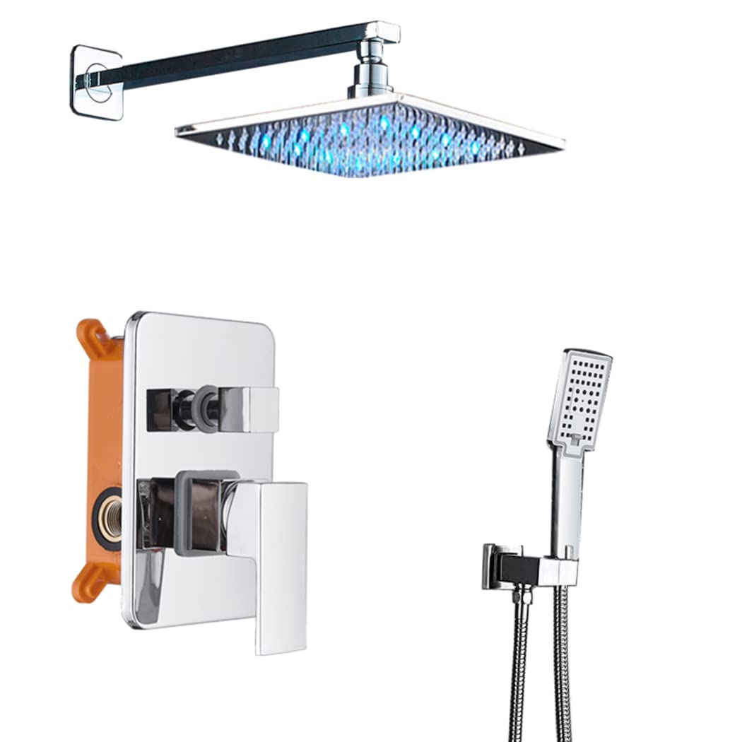 CWCQGH Shower System Concealed Shower Faucet Set Chrome Luxury Rain Mixer Shower Combo Set with Adjustable Hand Shower and LED Rainfall Shower Head Advanced Air Injection Technology,12 in