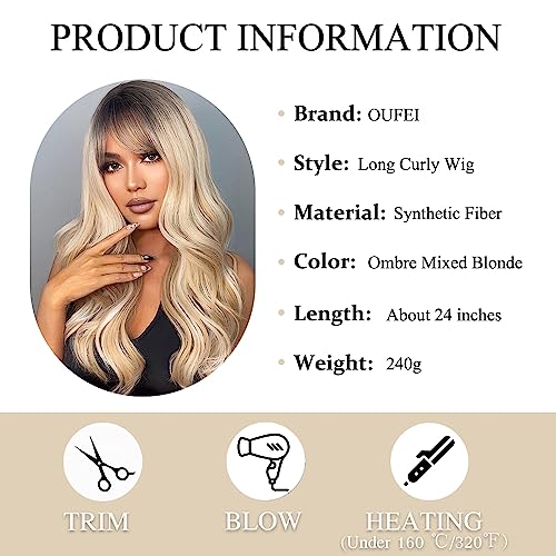 OUFEI Long Ombre Blonde Wig With Bangs Natural Wavy Wigs for Women Natural Synthetic Hair Heat Resistant Wigs for Daily Party Cosplay Wear - Image 2