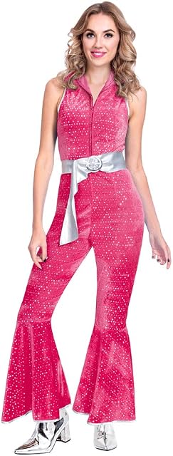 amscan 9905744 Adult Ladies Pink Disco Jumpsuit Fancy Dress Retro Costume (UK Dress 8-10)