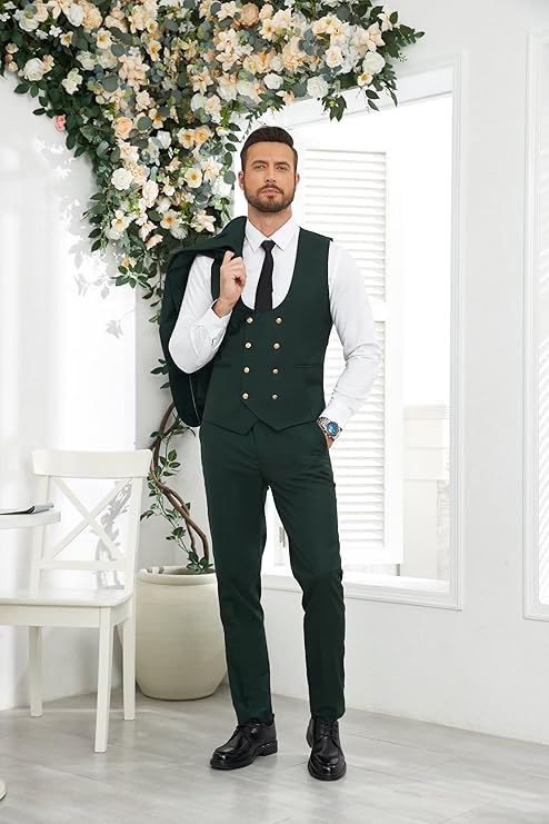 Men's Slim Fit 1 Button 3 Piece Suit Set,Double Breasted Blazer Jacket Vest Pants, Solid Wedding Dress Tux Prom&Date2