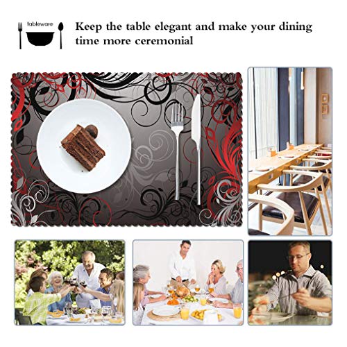 Britimes Set of 6 Placemats Abstract Red and Black Lines Kitchen Decorative Polyester Non-Slip and Heat-Resistant 12x18 Inches Place Mats for Dining Table