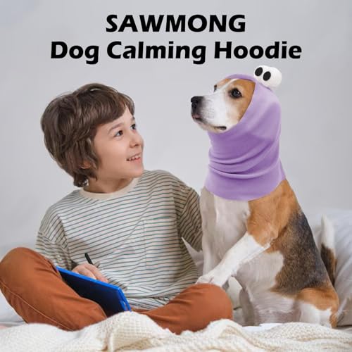 Image of SAWMONG Dog Calming Hoodie Ear Head Covers for Noise Fireworks,No Shake Ear Wraps for Anxiety Relief,Dog Ear Muffs Dog Hematoma Ear Wrap Pet Grooming and Force Drying Dog Ear Protector,Purple,L