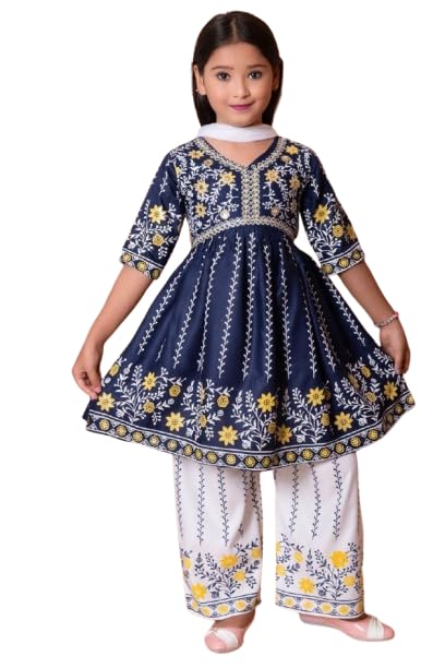 Image of Girls Ethnic Cotton Kurta and Straight Pant Set with Silky Dupatta