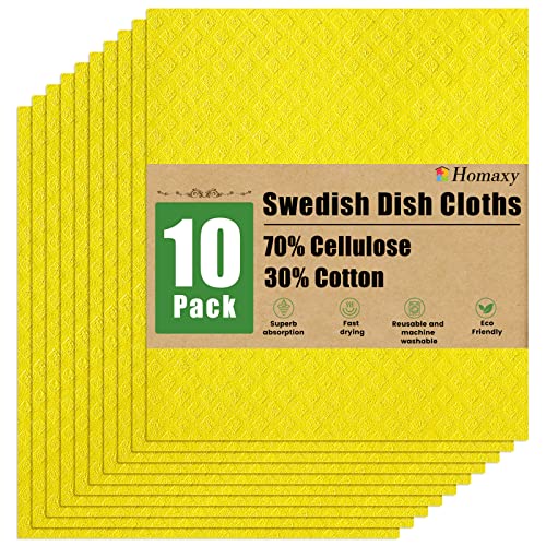 Homaxy Swedish Dishcloths for Kitchen, 10 Pack Reusable and Washable Cellulose Sponge Cloths Dish Towels, Absorbent and No Odor Paper Towels for Dishes & Counters, Yellow