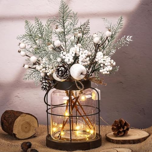 Loninak Rustic Vintage Glass Farmhouse Vase with LED Lights, Christmas Home Decor for Winter with White Berry & Pine Cones, Farmhouse Vase for Decor, Home Decor Floral Arrangement Gift