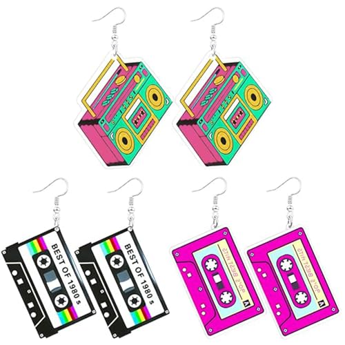 LunarCharm 3 pares de pendientes de neón de los 80 y 90 para mujer, estilo retro, con forma de cinta acrílica, para trajes de los años 80, accesorios de fiesta, multicolor, L