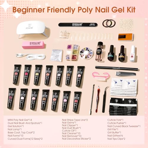Rosalind Poly Nail Gel Kit -14 Colors +72 Nail Art Accessories Kit Clear Nude Poly Nails Gel Kit Starter Kit With Slip Solution Pro Nude Pink Nail Extensions Gel Set With Mini Uv Lamp thumb #1