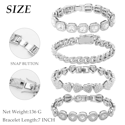 4 Pcs Silver Cuban Link Bracelet for Women Heart Charm Tennis Bracelets Fashion Jewelry Set for Party Daily Wear3