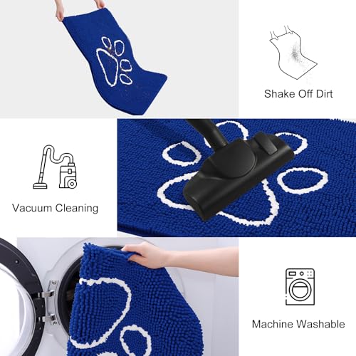 Image of Smiry Dog Door Mat for Muddy Paws, Absorbent Dirt Trapper Non Slip Quick Dry Washable Chenille Mat for Mud Dogs, Entry Rug for Indoor and Outdoor (30x20 Inches, Royal Blue and White)