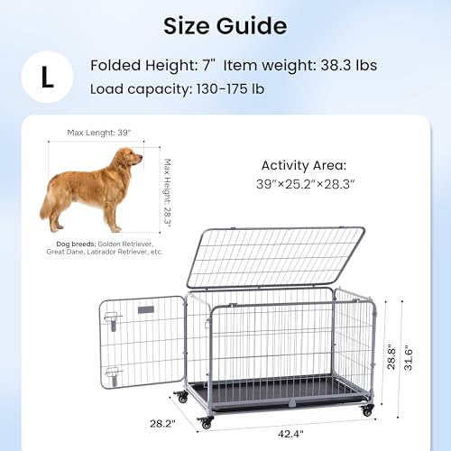ZOMISIA Collapsible Dog Crate for Large Dogs - 42 inch Escape Proof Double Door Metal Dog Kennel with Lockable Wheels, Easy Assembly Foldable Cage with Removable Tray, Indoor Outdoor Use, Silver Gray by ZOMISIA - Image 4