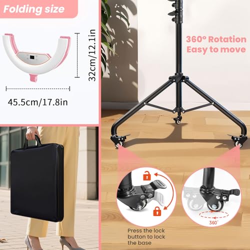 22" Foldable Ring Light with Stand for iPhone ipad, 75" Tripod with Wheels 50W 6500K LED Display/2 USB Ports Large Ringlight Rolling, Tattoo Barber Makeup Studio Video Photography Lighting(Pink)