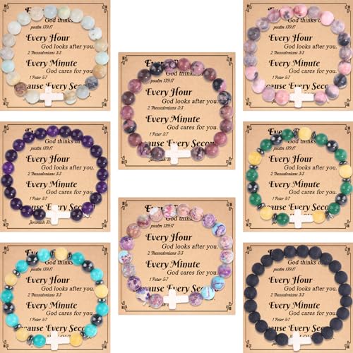 Svovin 8Pcs Cross Beaded Bracelet for Women Christian Gifts Religious Cross Bracelet 8mm Natural Stone Bracelet Christian Jewelry Faith Gift