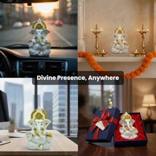 Image of VAMA Ganesh Idol for Car Dashboard Siddh at Chintamani Ganesha Temple, Ujjain | Lord Ganesha Idol for Car | Ganesh Murti | Ganpati Idol for Home Decor, Office Desk, Mandir and Gift 3.5 Inches (White)