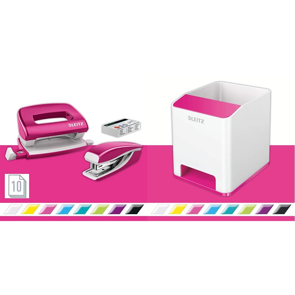 Leitz 55996023 Mini-Heftgerät-und Locher-Set (für bis zu 10 Blatt, Inkl. Heftklammern, WOW) metallic pink & Sound Stifteköcher mit Soundverstärkungsfunktion, Weiß/Pink, Duo Colour, WOW, 53631023