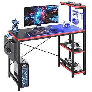 Bestier 113CM Reversible Corner Gaming Desk with RGB LED Lights, Black Carbon Fibre Surface, Storage Shelves, Side Pocket & Hooks, Compact Computer Desk for Small Spaces & Home Office