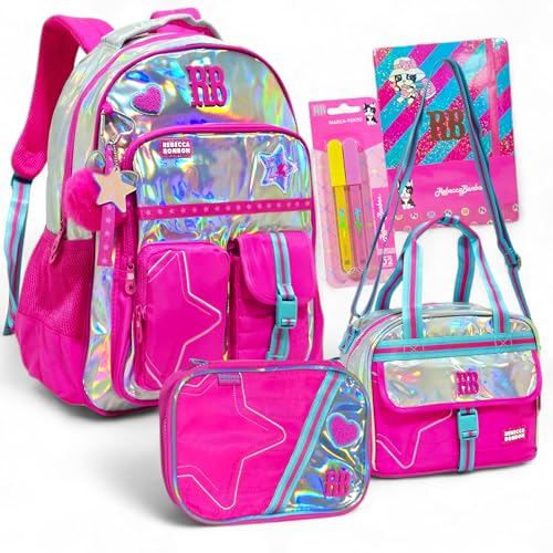 Kit Escolar Rebecca Bonbon 2026 – Mochila Grande Holográfica de Costas 44cm + Lancheira Térmica + Estojo 100 Pens + Caderneta + Marca Texto – Kit Volta às Aulas Feminino Infantil Juvenil (Rosa)