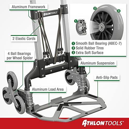 ATHLON TOOLS Aluminium Stair Climber Sack Truck Foldable Extra Long Handle 110 cm Loading Area with Non-Slip Pads Includes 2 Expander Ropes - model 2023