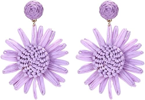 Aretes colgantes de rafia con girasol, rafia envueltos en paja, aretes colgantes de verano de ratán para mujer