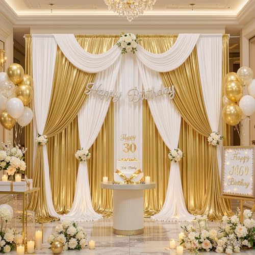 gogoparti 10x10ft White and Metallic Gold Backdrop Curtains, Wrinkle Free 4 Panels 2.5x10ft Polyester Drapery Panels for Wedding Birthday Party Decoration Supplies
