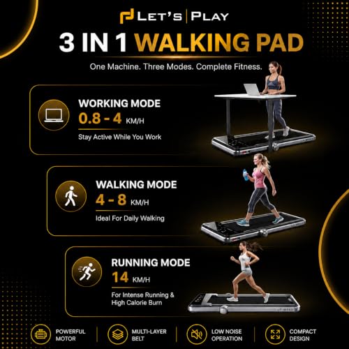 Image of LET'S PLAY 3 in 1 Walking Pad Treadmill for Home Office, 5HP Peak DC Motorized Foldable Under Desk Running Machine, 130Kg User Weight, 12 Km /Hr Max Speed, Remote Control, Bluetooth Speaker
