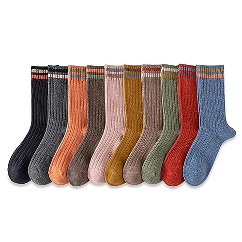 METICK 10 Pairs Fashion All Season Striped Crew Socks, Athletic Retro Cute Socks for Women Girls