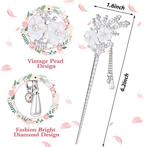 image for Chuangdi 2 Pieces Rhinestone Pearl Flower Hair Stick Vintage Chinese H