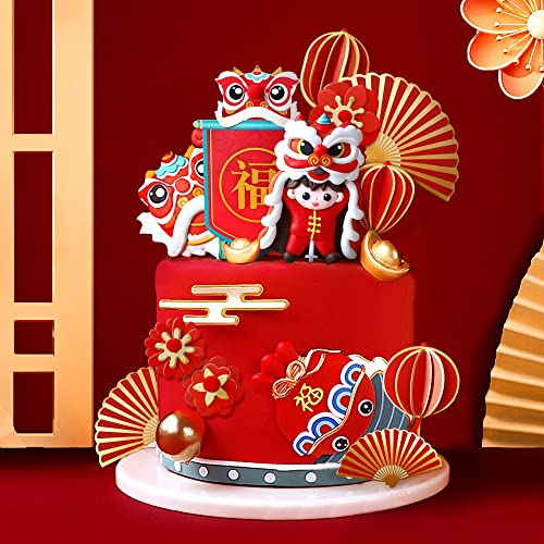 Chinese Lion Cake Decoration Dragon Dance New Year Cake Decoration Chinese New Year Cake Cake Topper Red Fan Cake Topper #TOP6