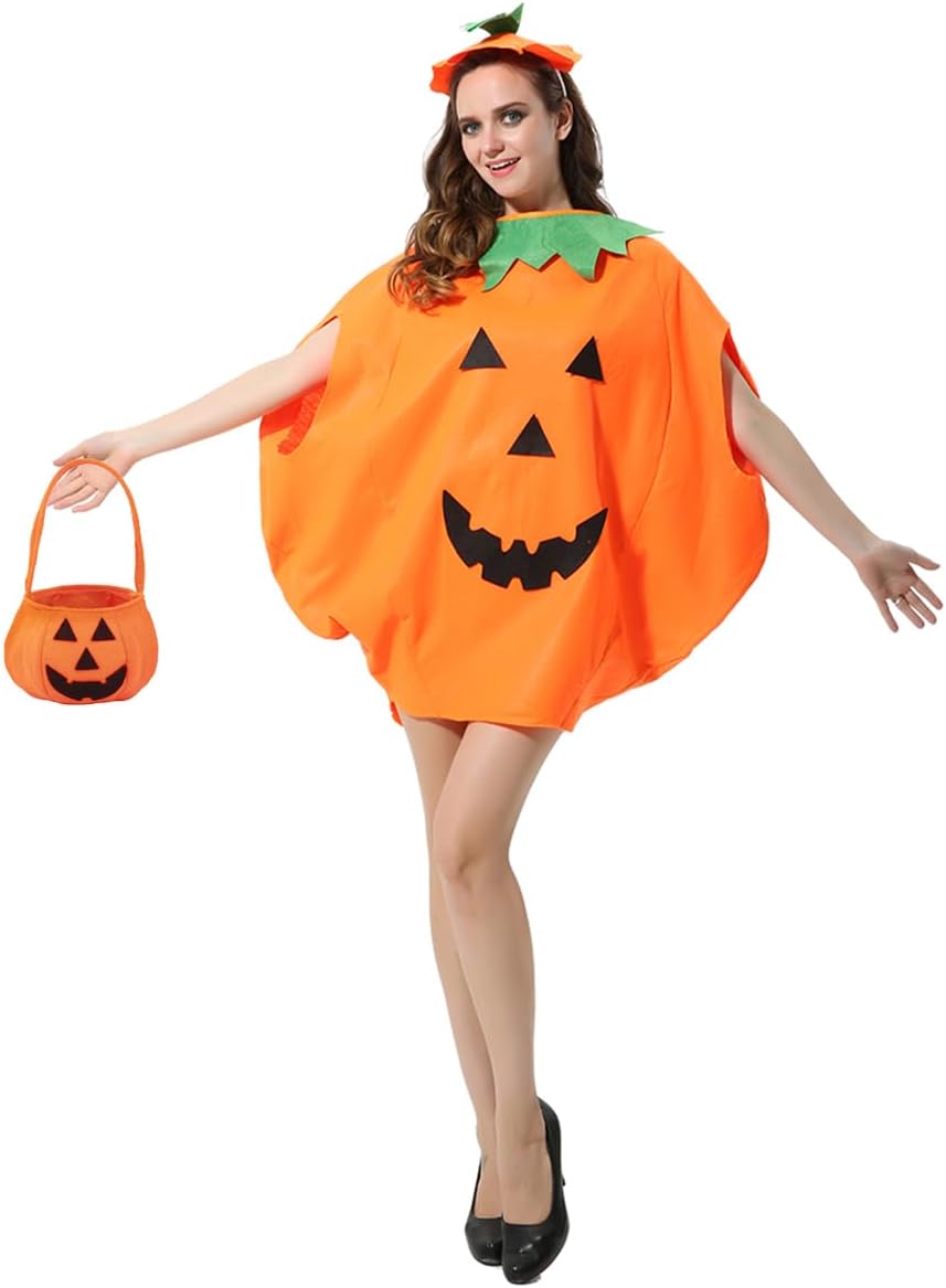 CLOOOUDSAdult Pumpkin Costume,3PCS Halloween Unisex Pumpkin Cosplay Party Clothes With A Hat,A Bag