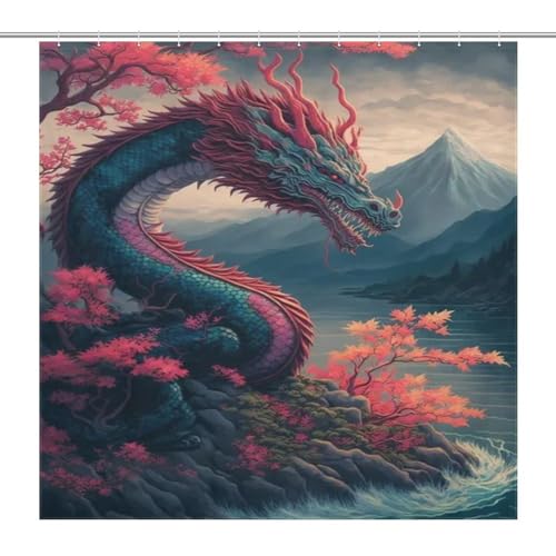 Rideau de bain imperméable dragon en polyester avec 12 crochets de rideau - 7