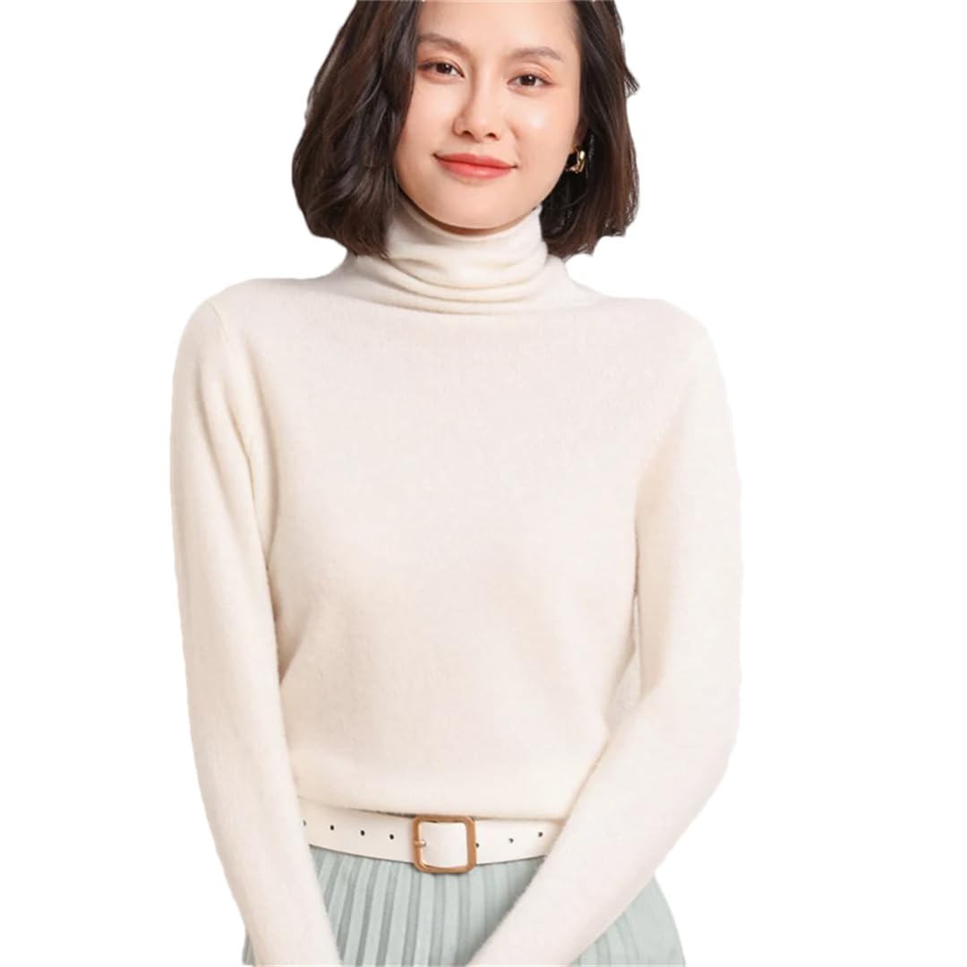 Maglione da donna a collo alto, tinta unita, a maniche lunghe, casual, lavorato a maglia, bianco, S
