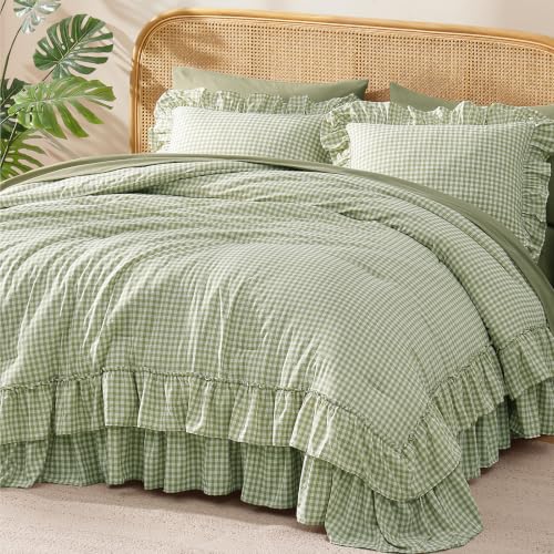 Image of Queen Comforter Set Green Gingham Ruffle 7 Pieces Farmhouse Bed in a Bag | Shabby Chic Fluffy Bedding Sets with Sheets, Pillowcases & Shams