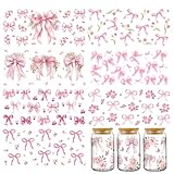 Coquettte Bows UV DTF Stickers - 8 Sheets Pink Silk Bow UV DTF Cup Wraps for 16 oz Glass Water Bottle, Cute Flower Butterfly Waterproof Transfer Sticker Decals DIY Coffee Mug Tumbler Craft Decorations
