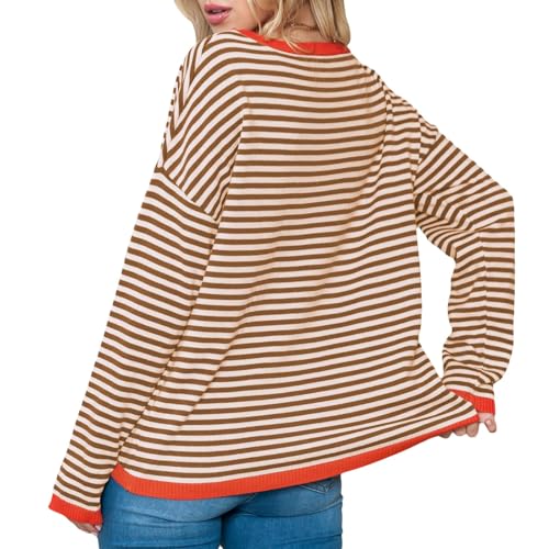 Image of Wowcarbazole Women's Pullover Sweaters Striped Long Sleeve Crew Neck Color Block Sweater Tops Casual Loose Knit Shirts