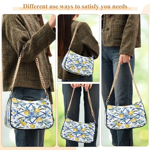 Image of Shoulder Bags for Women Vintage Yellow Lemon Fruit and Blue Print Hobo Tote Handbag Small Clutch Purse with Zipper Closure
