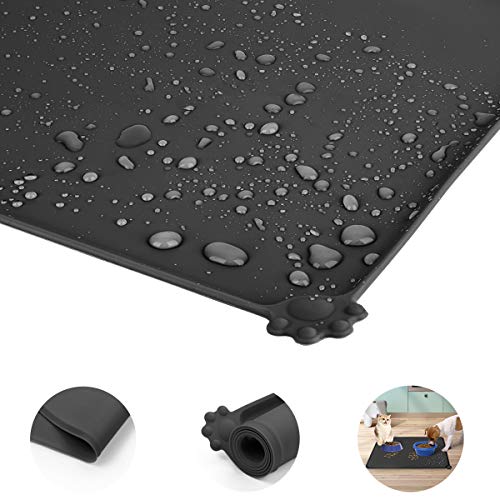 Silicone Dog Food Mat Waterproof Pet Feeding Mat Cat Water Bowl Mat Non-Slip Pet Safety Grade Silicone with Raised Edges Easy Clean Collect Food and Water Spills for Small and Medium Pets (Black)