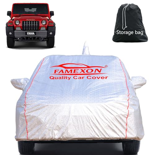 Image of Full Body Car Cover for Mahindra Thar with Mirror and Antena Pocket Triple Stiched(Silver with Red Piping)