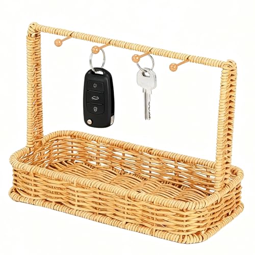 Cut-Nic Rattan Keys Basket for Entryway Table with 4 Hooks,