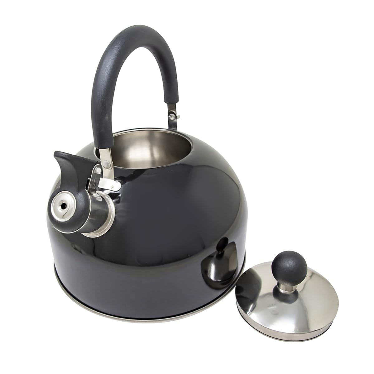 2.5L Metallic Black Stainless Steel Whistling Kettle - Suitable for Fishing, Camping, Hiking, Indoor & Outdoor | Camping Kettle for Gas Stove, Electric Stove, Camp Fire - Fast Boil, Phenolic Handle