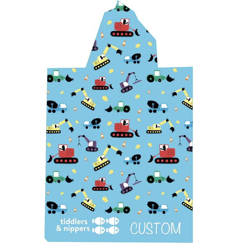 tiddlers & nippers Kids Patterned Plain Microfibre Hooded Towel/Poncho Lightweight, Super Absorbent Microfiber Quick Drying Ideal Beach Pool Holidays & Travel Personalised Diggers & Lorries 5-10 Years — image 1